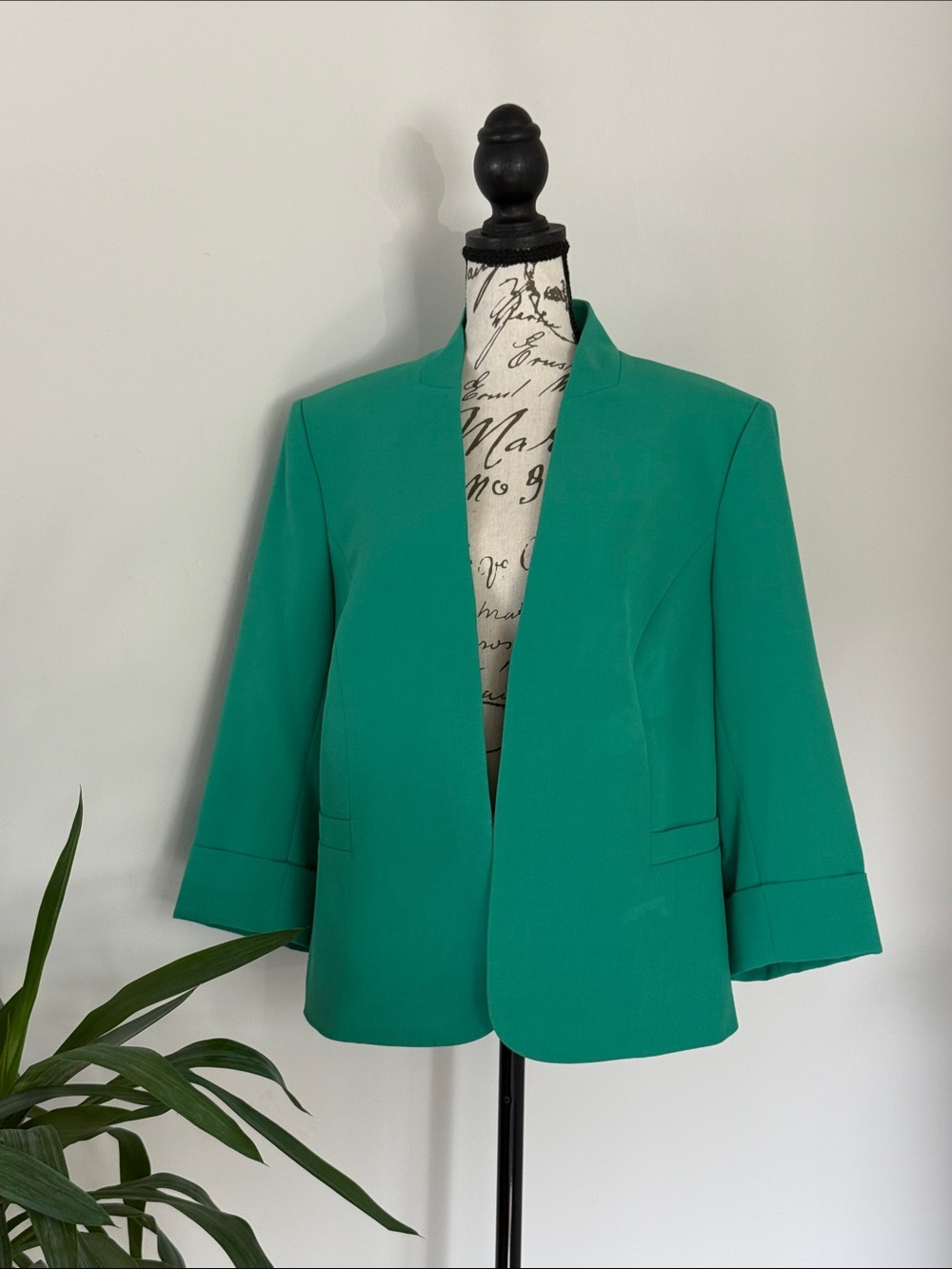 Evan Picone Teal Collarless Open-Front Jacket